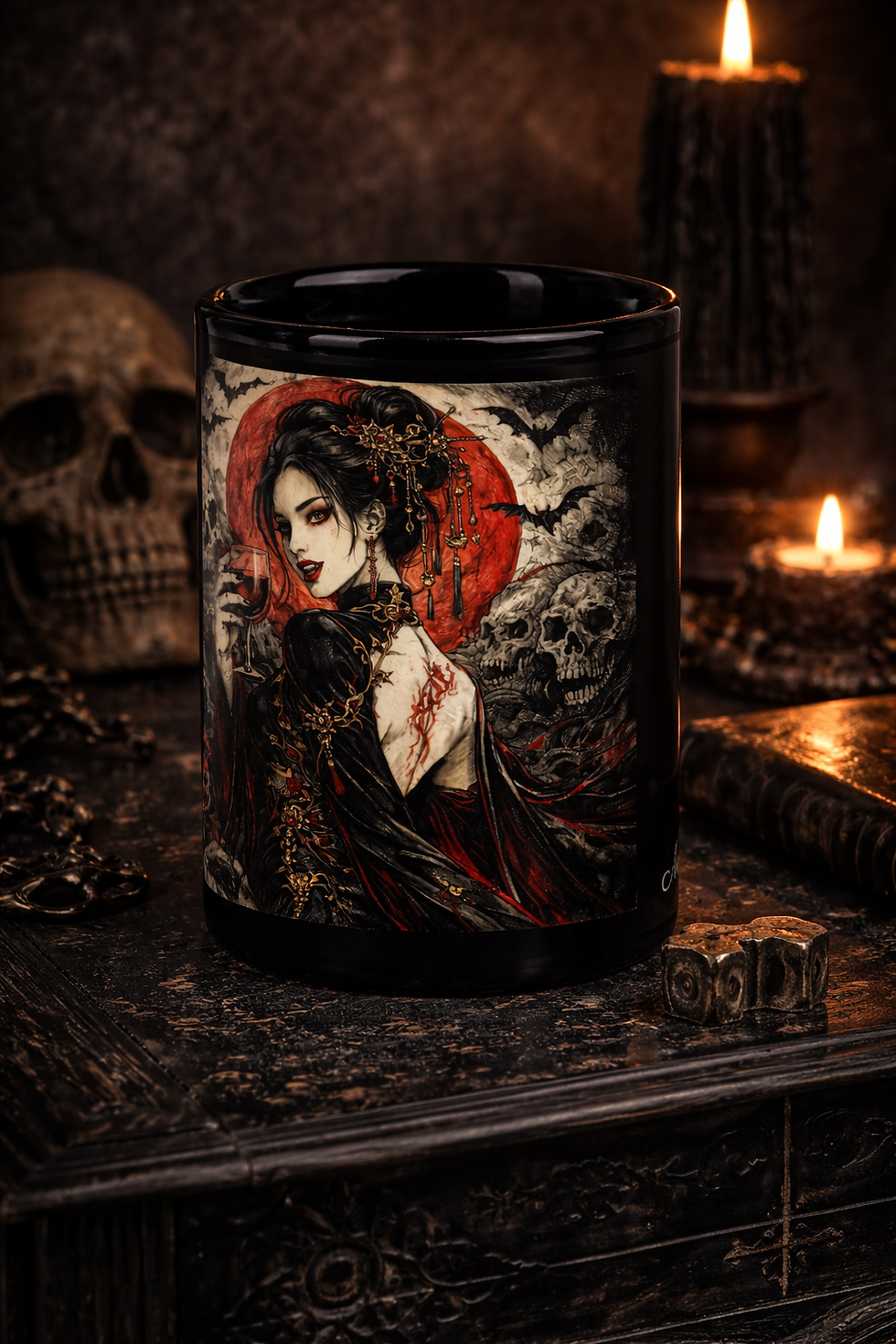 Gothic vampire mug with crimson moon woman artwork beside skull and candle