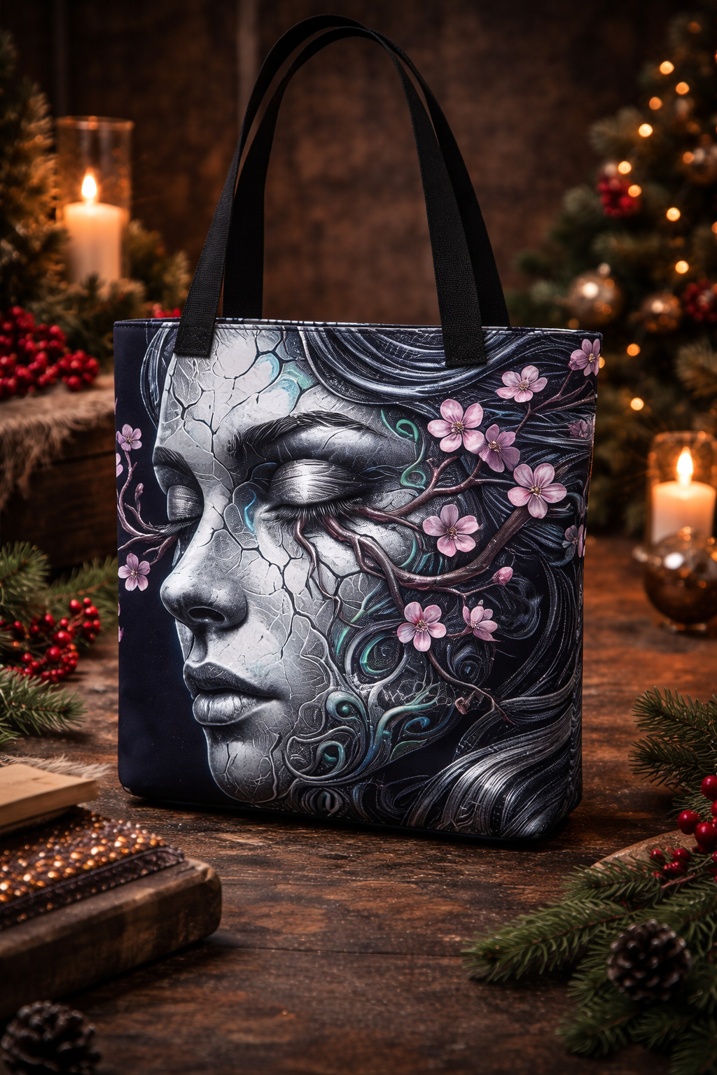 Gothic floral tote bag with porcelain face art and pink blossoms on dark background