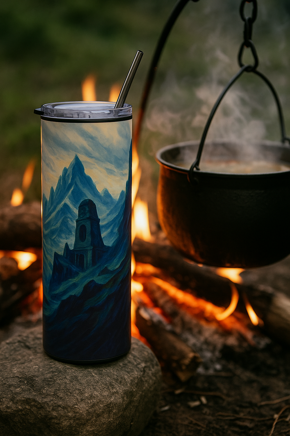 Devil Mountain steel mug insulated tumbler by campfire