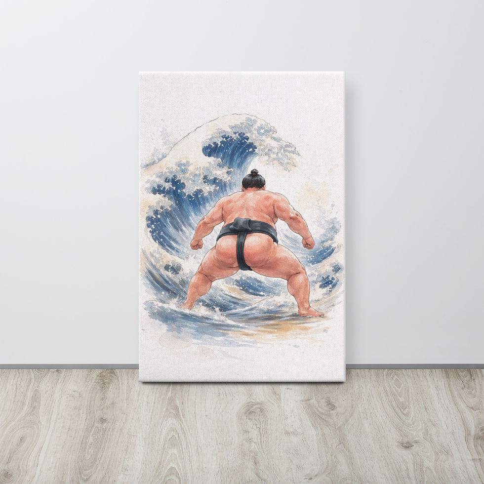 Thumbnail: Canvas print with sumo and wave leaning against wall in minimal space