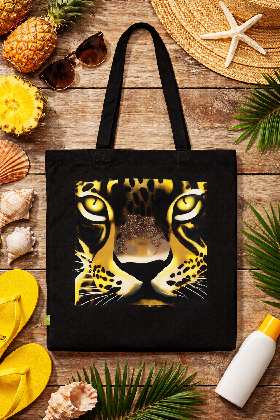 black tote bag with leopard face glowing eyes design