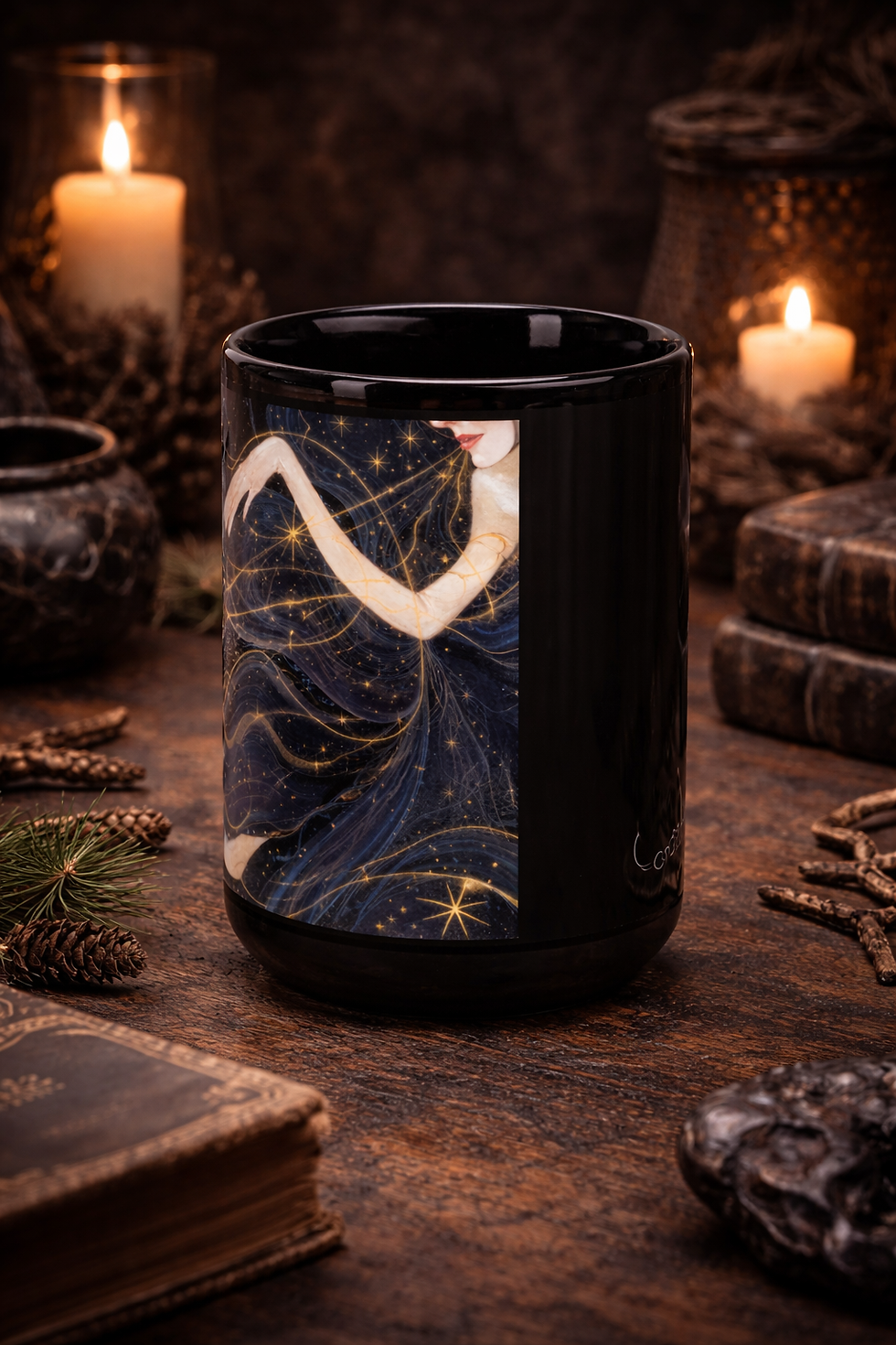 Celestial art black mug with surreal moonlit gold constellation design