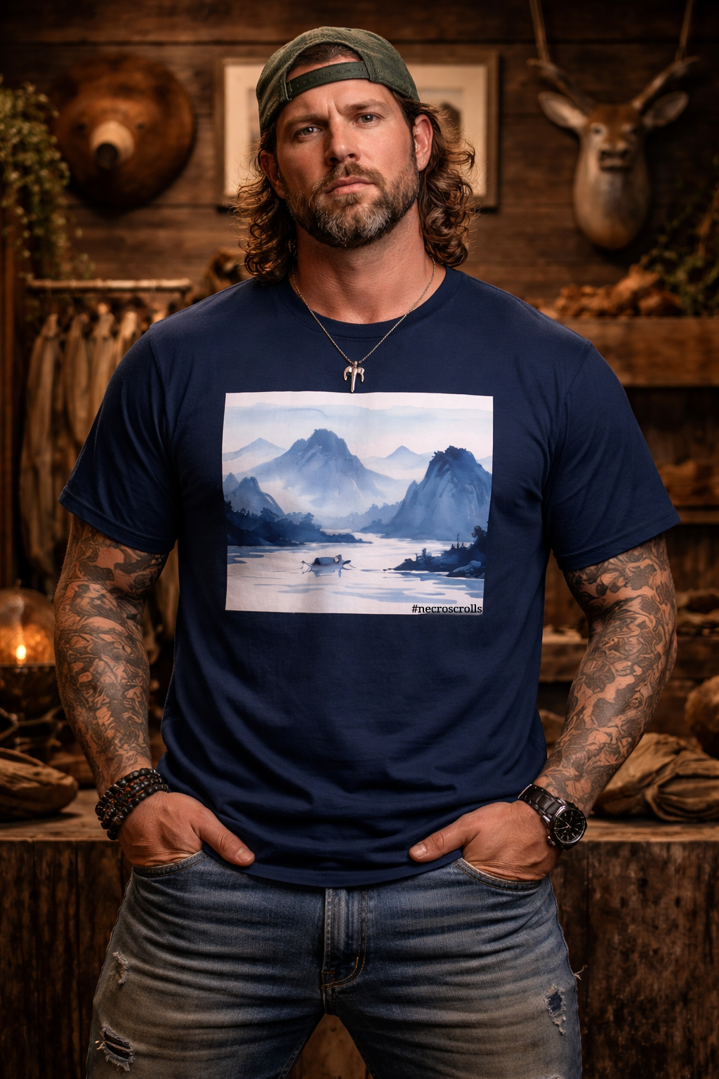 Indigo ink mountain lake T-shirt on muscular tattooed man