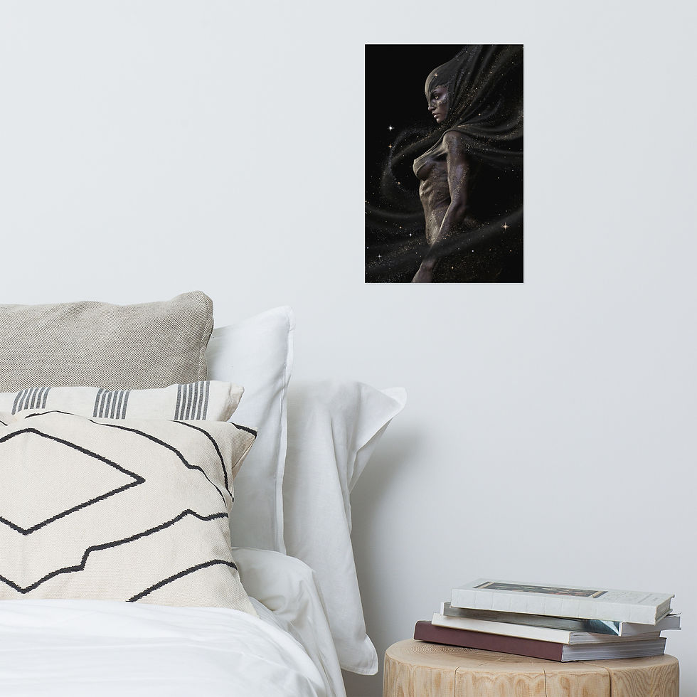 Thumbnail: Mystical cosmic goddess wall poster above white bed decor