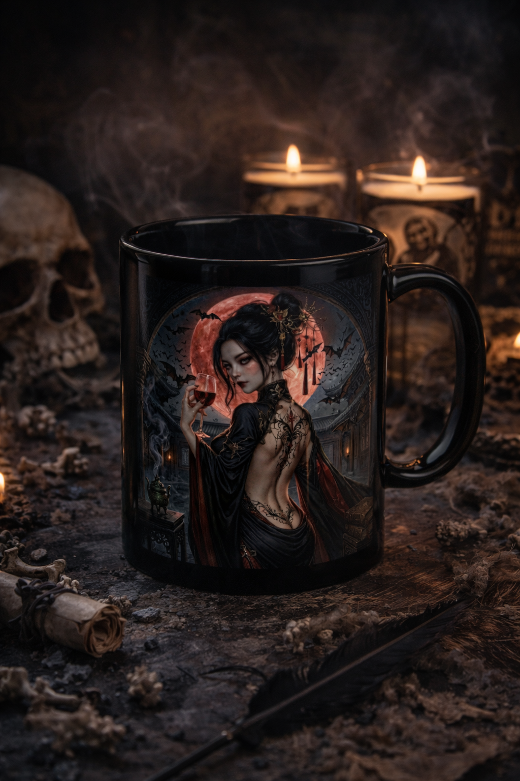Black glossy mug with dark gothic vampire woman artwork, styled in a candlelit occult setting with skulls and warm shadows, N