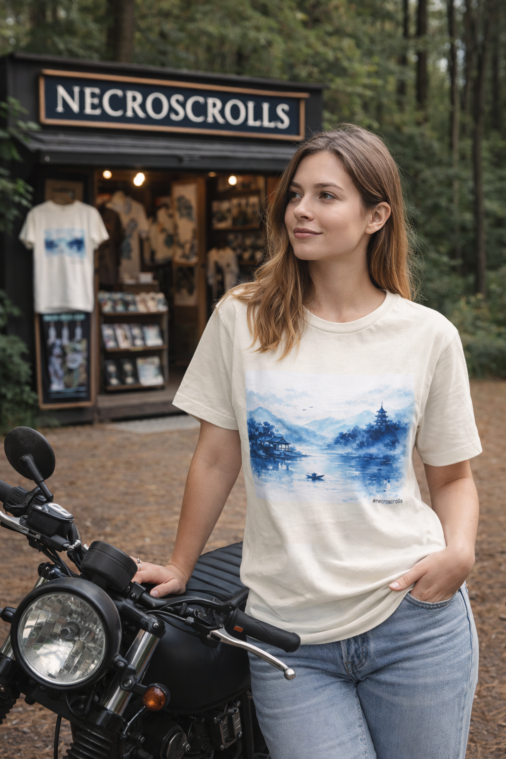 Woman wearing blue mountain lake watercolor T-shirt near motorcycle