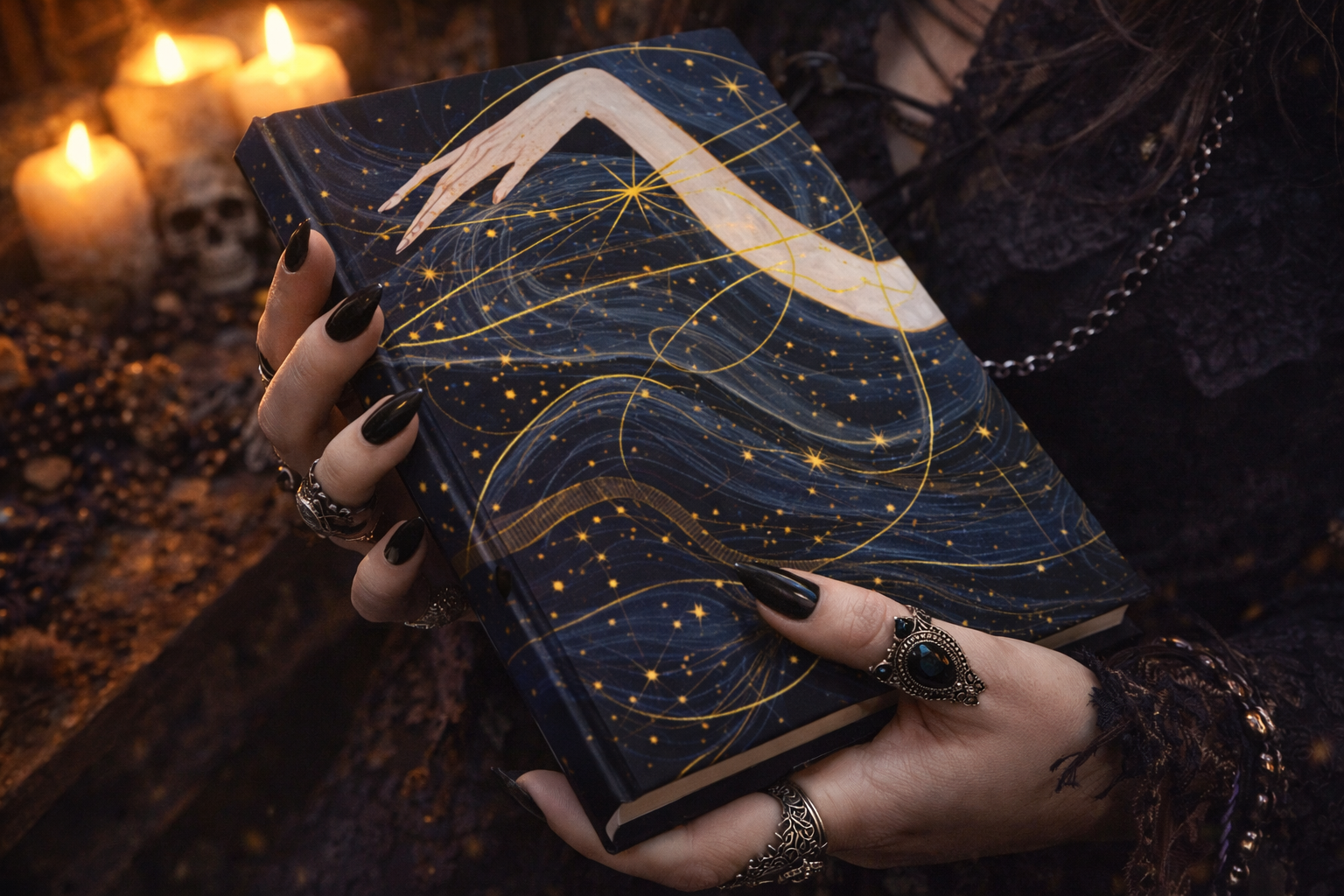 Celestial hardcover notebook held in hands with dark mystical night sky design