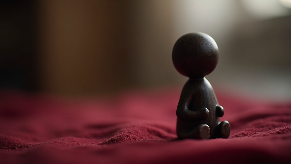 Close-up view of a dark wooden familiar spirit figurine on a velvet cloth