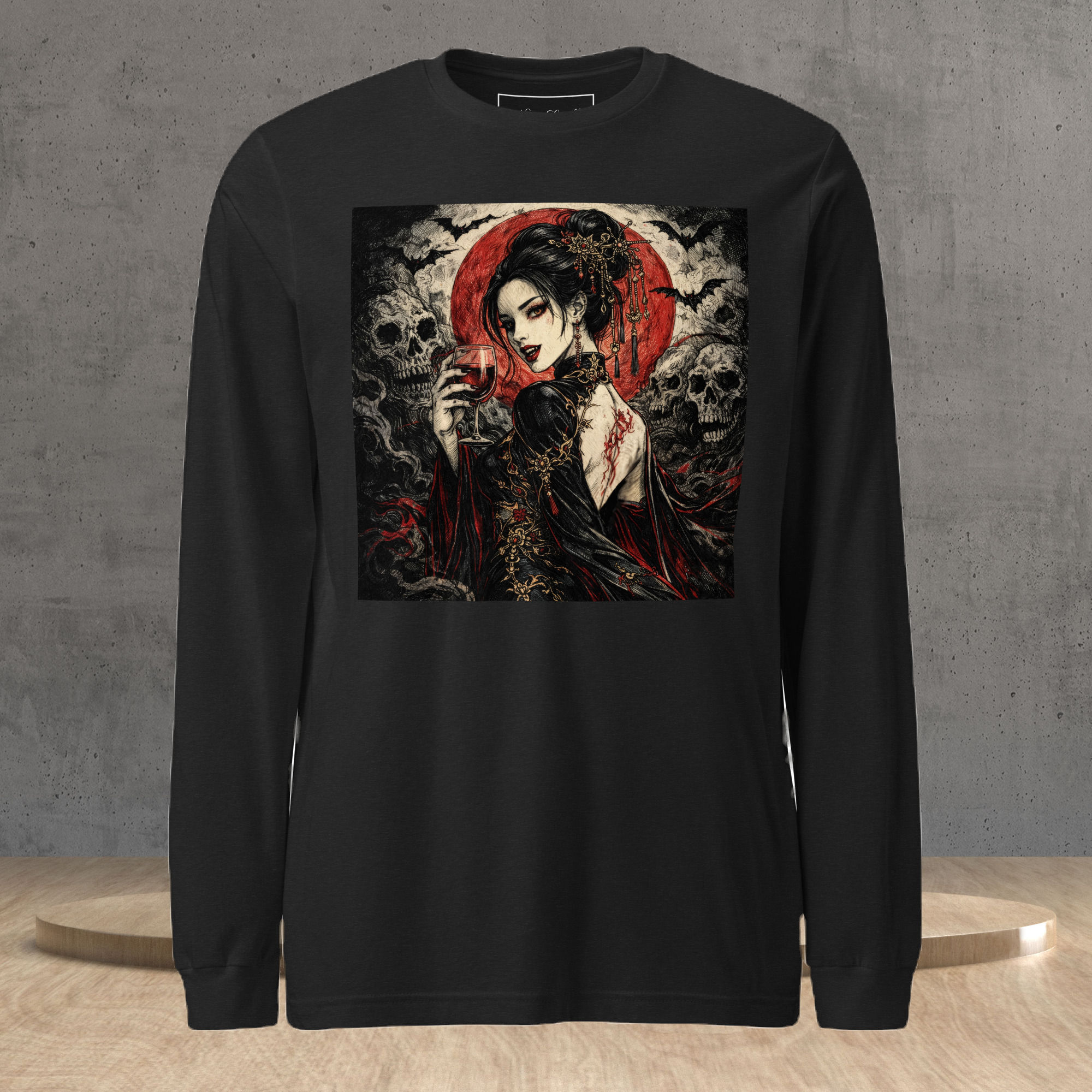 Black gothic long sleeve shirt with Crimson Queen vampire artwork