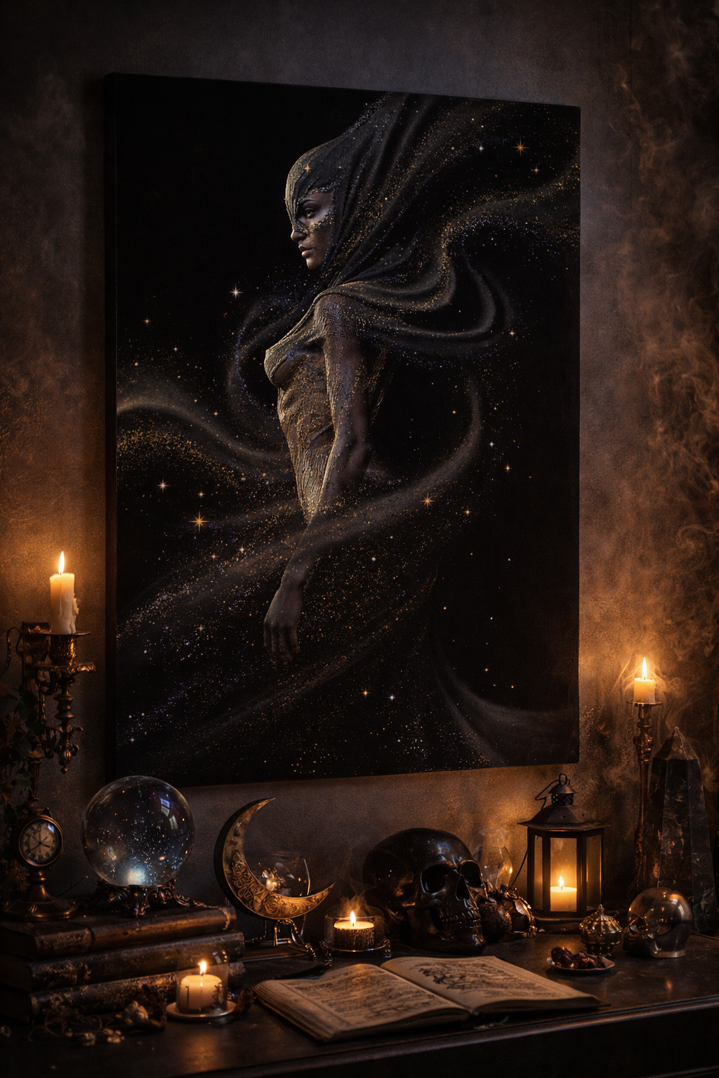 Cosmic goddess formed from stardust framed canvas wall art in dark mystical interior
