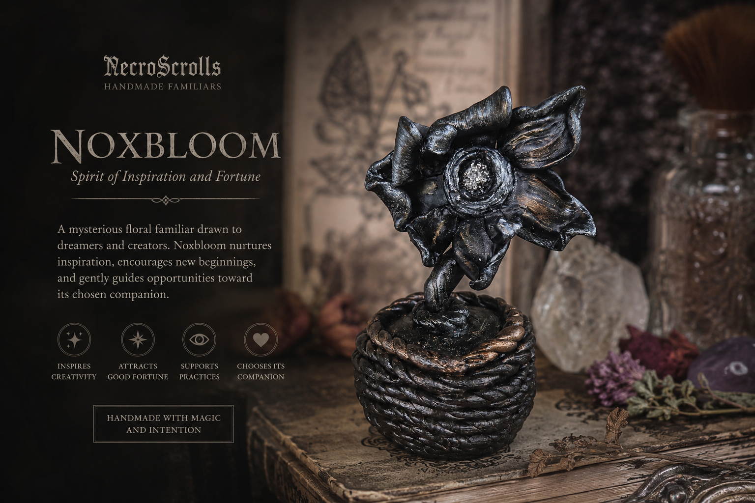 Noxbloom handmade familiar spirit sculpture, dark fantasy flower figurine, gothic decor, witchcraft altar companion, NecroScr