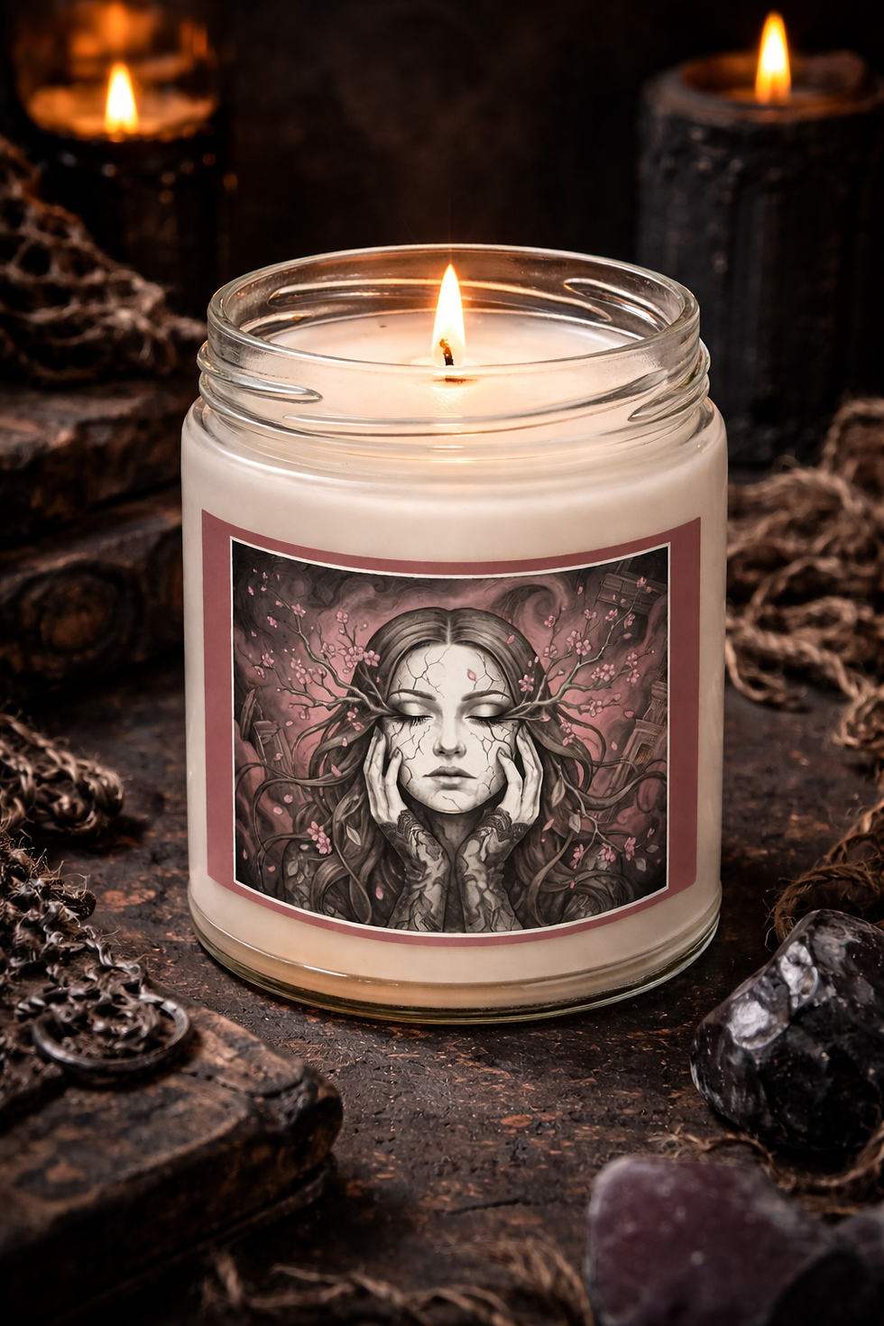 Gothic scented soy candle in glass jar with Porcelain Bloom woman artwork