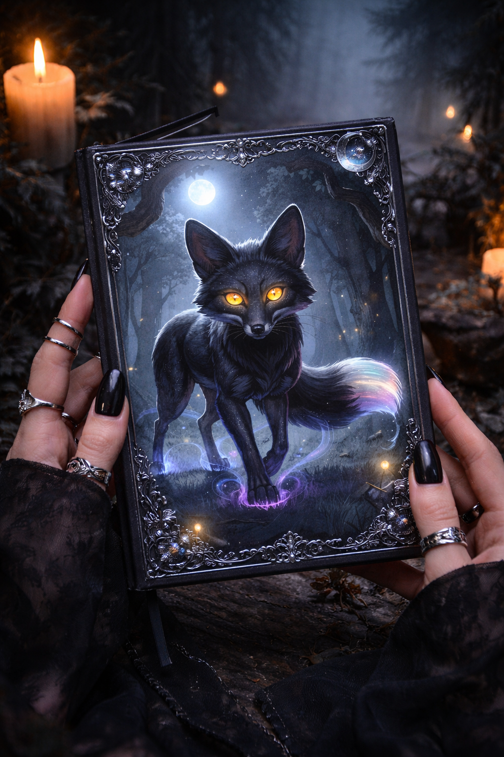 Mystic fox hardcover journal with moonlit forest familiar artwork
