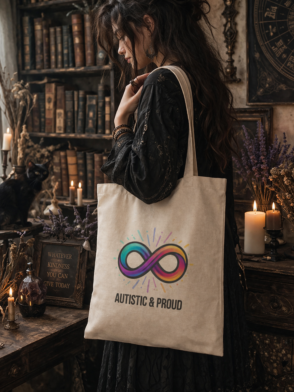 Woman carrying autism pride tote bag in mystical bookstore