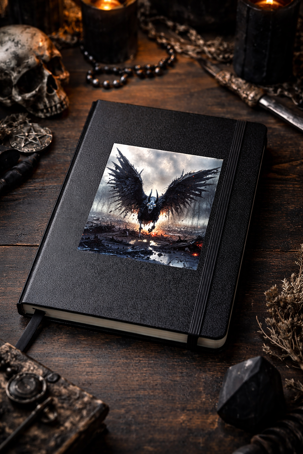 Black hardcover gothic notebook with dark winged demon artwork, styled on an occult wooden desk with candles, skull, dagger,