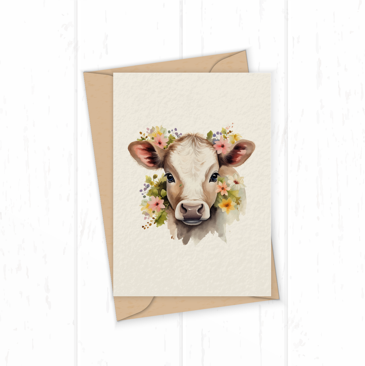 Baby cow watercolour card art cards size A6,  300g/m² come with brown kraft envelope made from recycled paper with gummed