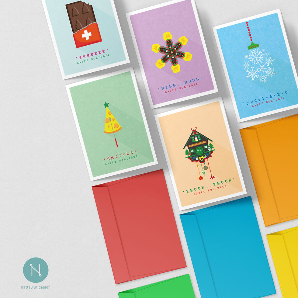 Thumbnail: Happy holiday from Switzerland Christmas card set pack design, Chocolate, Cow bell, Cheese, Cockoo clock and Alphorn