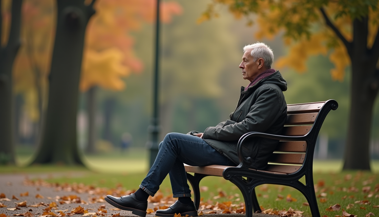 Eye-level view of a person sitting calmly in a park, reflecting on thoughts
