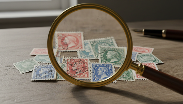 Close-up view of a magnifying glass over rare postage stamps