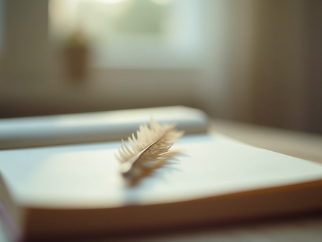 Plume légère posée sur un carnet ouvert baigné de lumière naturelle, symbole d’écriture intuitive, de lecture du karma et de connexion à l’âme.