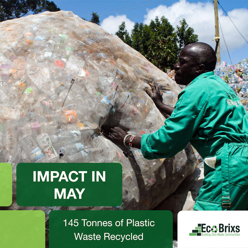 Man in green suit sorts large bag of plastic bottles outdoors. Text reads: "IMPACT IN MAY 145 Tonnes of Plastic Waste Recycled." Eco Brixs logo.