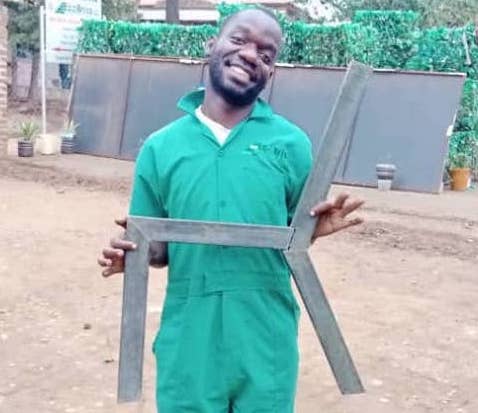 Chair frame made from lumbar, specifically plastic waste at Eco Brixs HQ in Uganda, Masaka