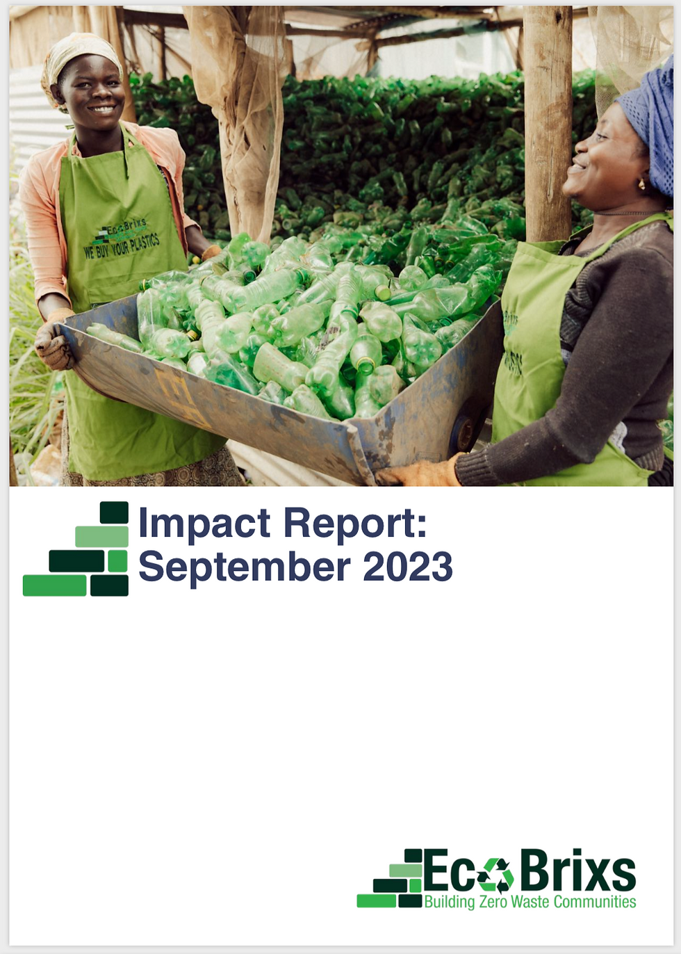 Front cover of Eco Brixs' impact report for September 2023 showing two ladies in Uganda recycling plastic waste