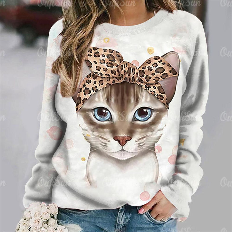 Thumbnail: Cute Funny Pet Cat Graphic T-shirt Unisex Round Neck Long Sleeve Design Fashion 