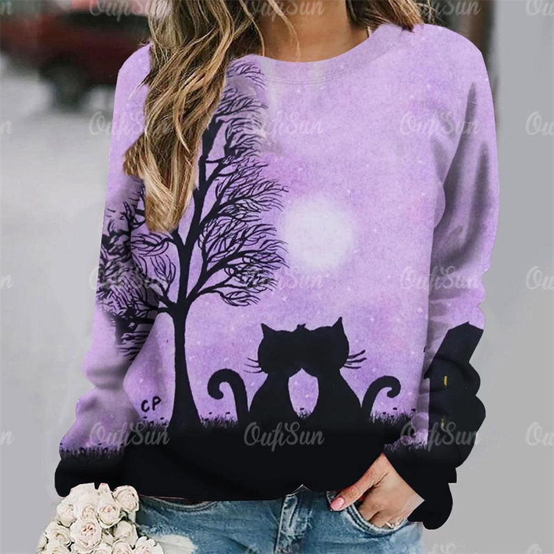 Thumbnail: Cute Funny Pet Cat Graphic T-shirt Unisex Round Neck Long Sleeve Design Fashion 