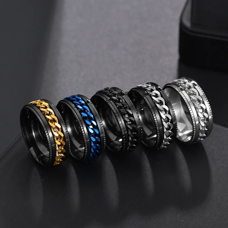 Western Fashion Simple Design Rotatable Chain Ring Silver Black Gold Color Titan