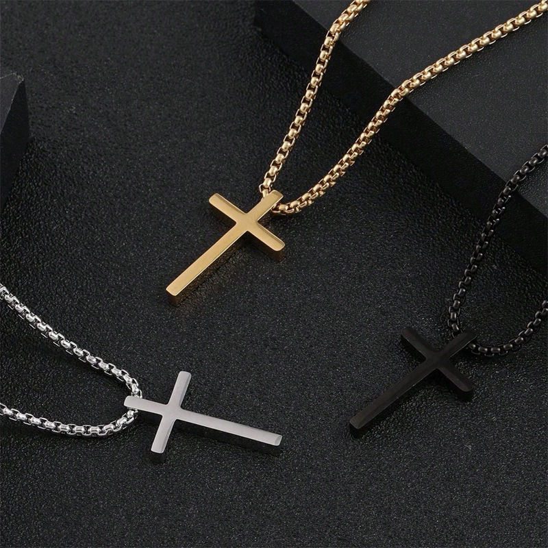 Stainless Steel Cross Necklace for Men Boys,Silver Color Plain Cross Pendant Col
