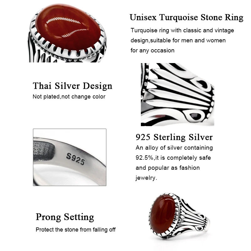 Thumbnail: Natural Agate Ring for Men 925 Sterling Silver with Big Red Stone Vintage Rings 