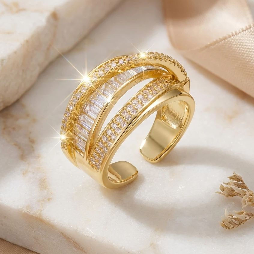 Thumbnail: Classic Gold Color Wide Opening Ring for Women Luxury Bright Zirconia Adjustable
