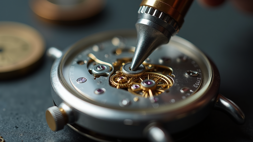 Eye-level view of a vintage watch movement being carefully cleaned under a magnifying glass
