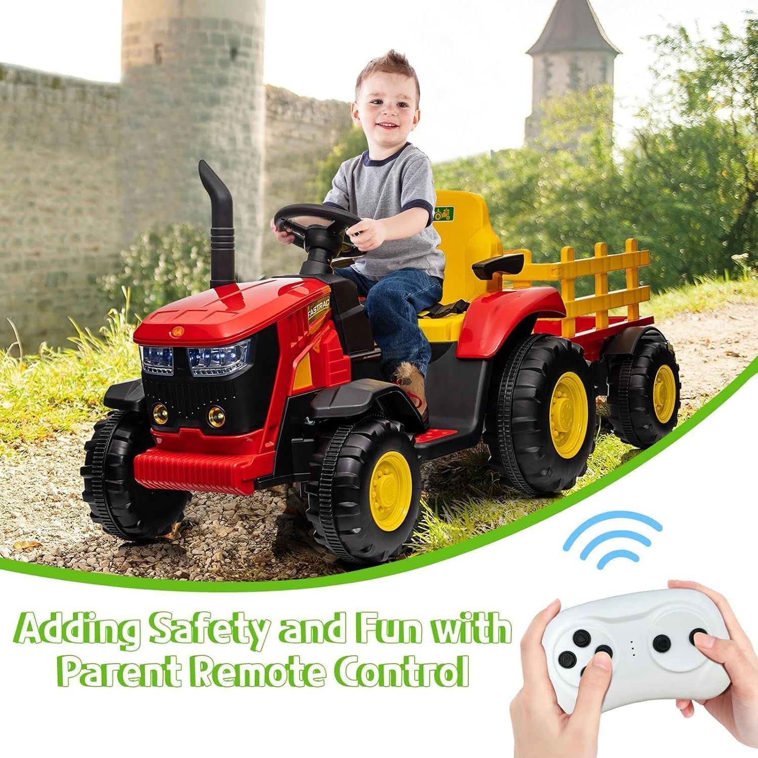 Kids Ride on Tractor with Detachable Trailer, 12V Electric Tractor with Remote C