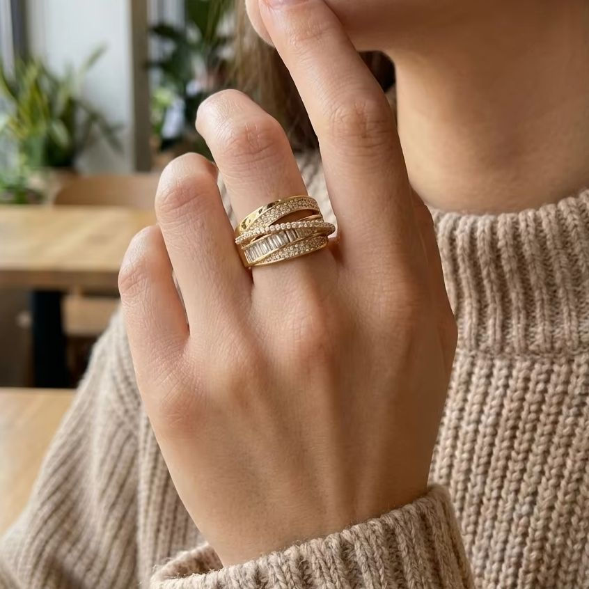 Thumbnail: Classic Gold Color Wide Opening Ring for Women Luxury Bright Zirconia Adjustable