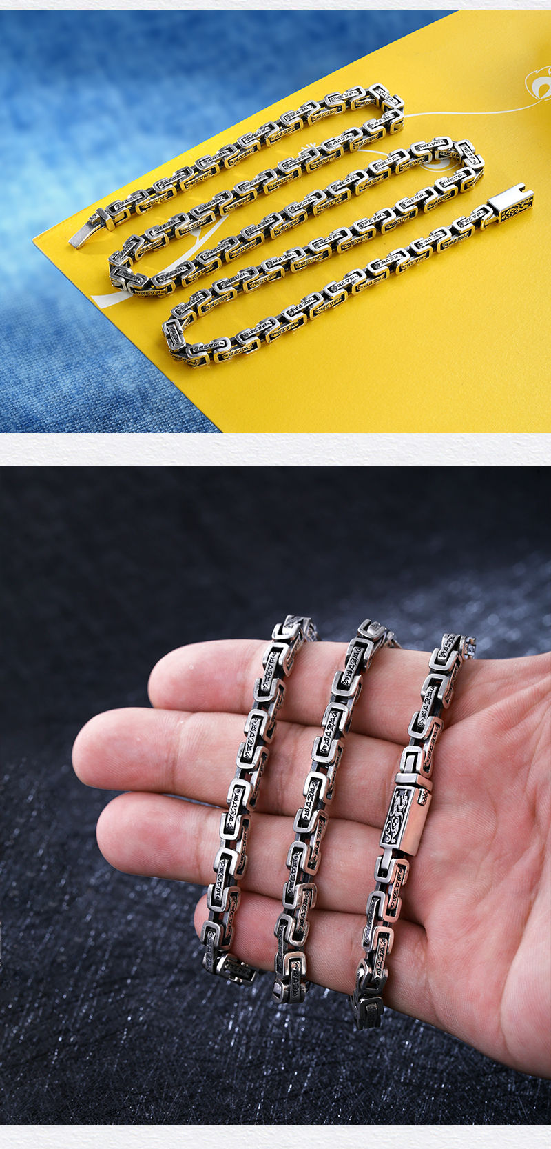 Thumbnail: QN Silver Color Original Niche Design Dragon Pattern Square Ring Collar Six-char