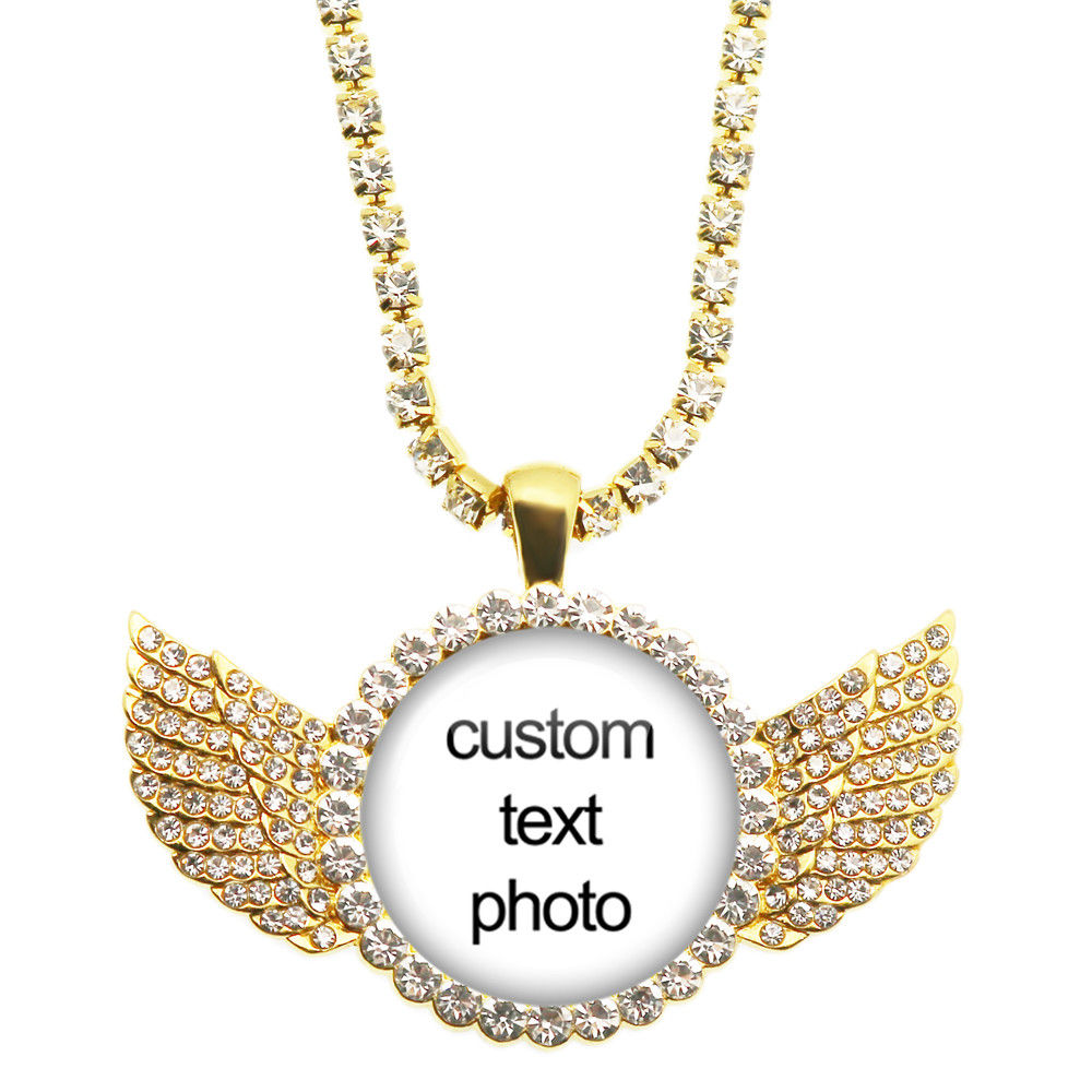 Custom Photo Necklace Crystal Angel Wing Personalized Glass Cabochon Pendant Nec