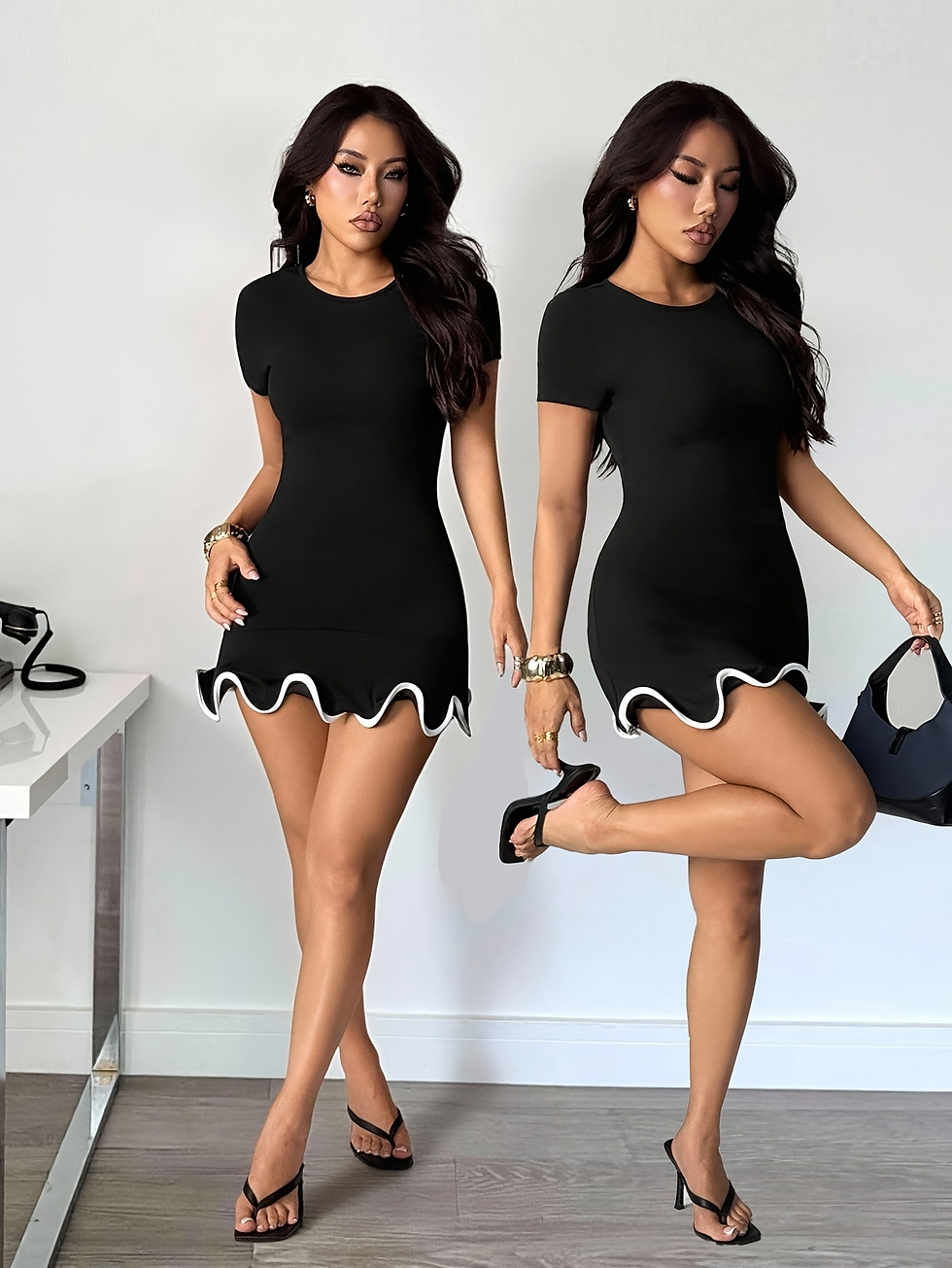 Thumbnail: Round neck ruffled slim-fit mini dress