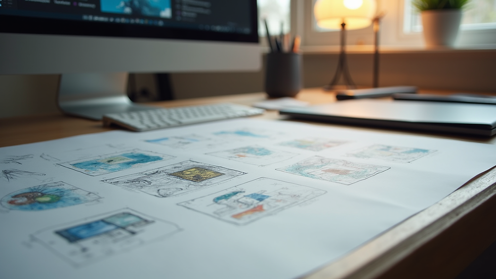 Close-up view of a designer’s desk with digital tools and creative sketches