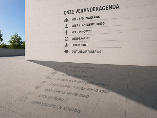 Een gevel waarop "onze verander-agenda" met woorden staat afgebeeld en dan de woorden in de schaduw van die muur de woorden die er echt toe doen