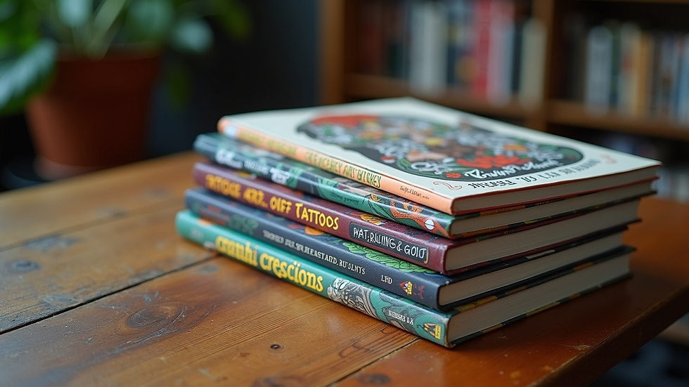 Eye-level view of a stack of tattoo art books with colourful covers on a wooden table