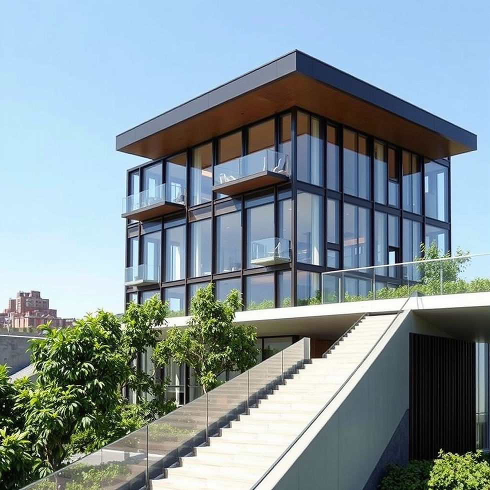 Modern glass building with balconies under a blue sky, surrounded by greenery. A stairway with glass railings leads to the main entrance.