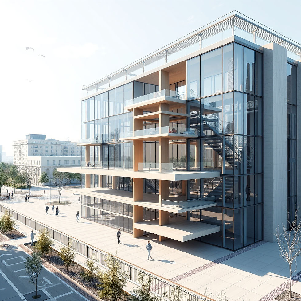 Modern glass building with balconies and stairs, surrounded by walking pedestrians. Sunny day with clear sky, trees lining the street.