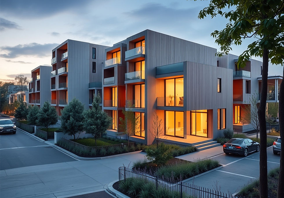Modern townhouses at dusk, warm interior lights glowing. Cars parked beside manicured lawns, with a tree-lined street under a cloudy sky.