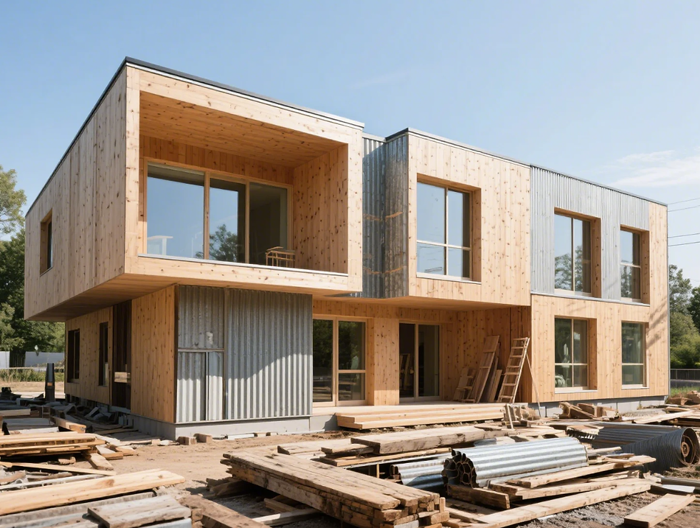 Modern two-story wooden house under construction, surrounded by lumber and metal sheets. Clear blue sky and trees in the background.