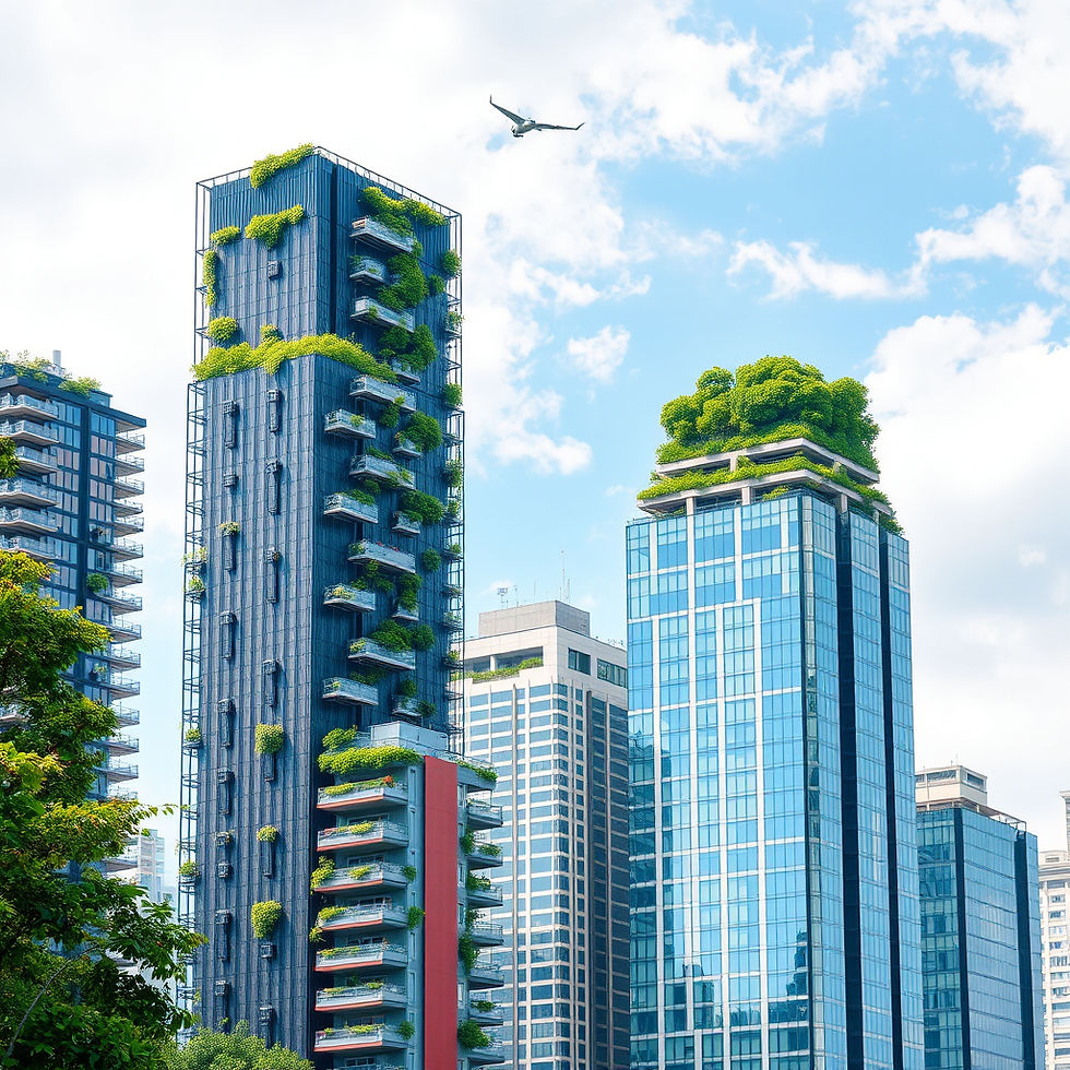 Skyscrapers with lush green terraces against a blue sky; an airplane flies overhead. Urban greenery and modern architecture dominate.