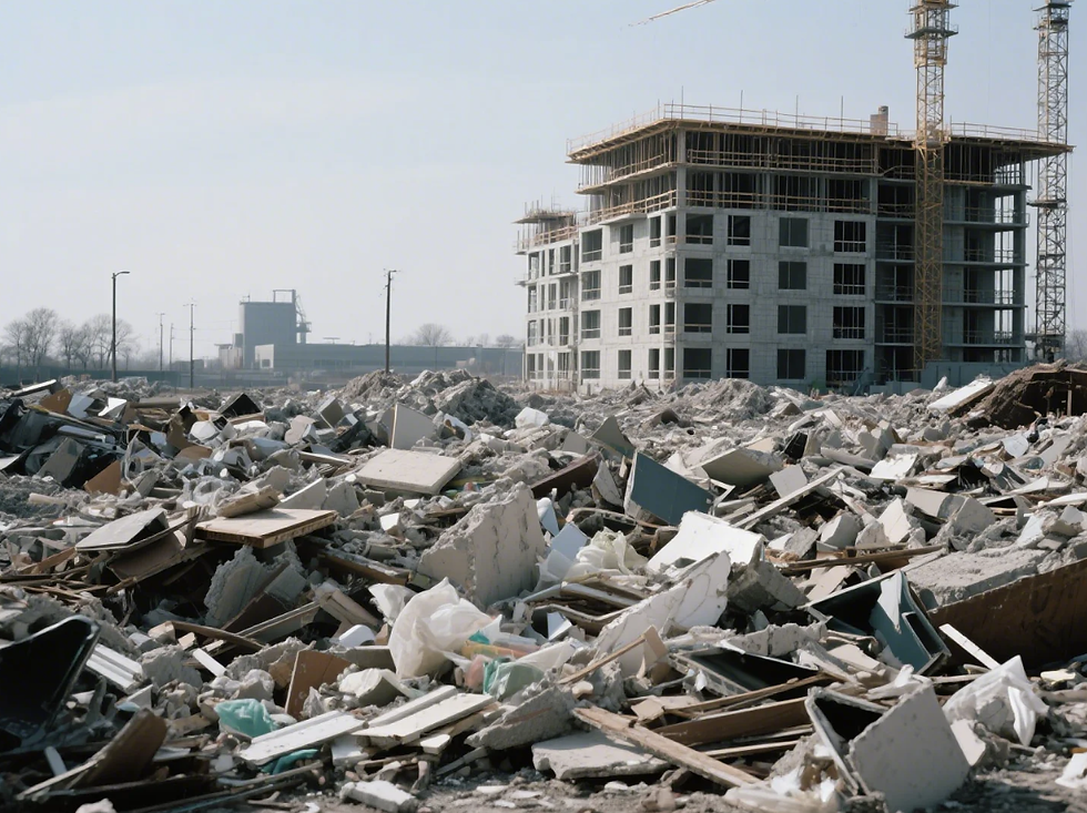 Construction site with a building under construction in the background and piles of rubble and debris in the foreground under a clear sky.