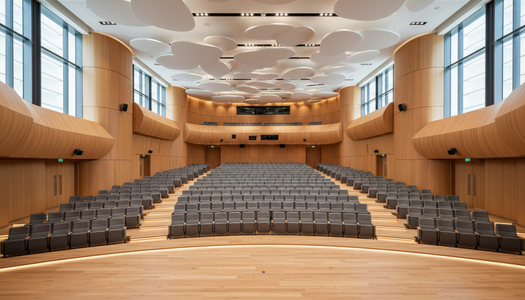Wide-angle view of an empty auditorium with curved wall panels and stepped seating.