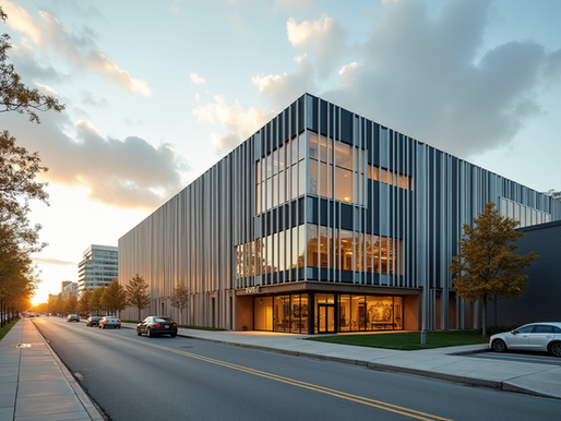 Modern building with striped facade at sunset, warm lights inside. Cars line the street, and autumn trees are along the sidewalk. Serene mood.